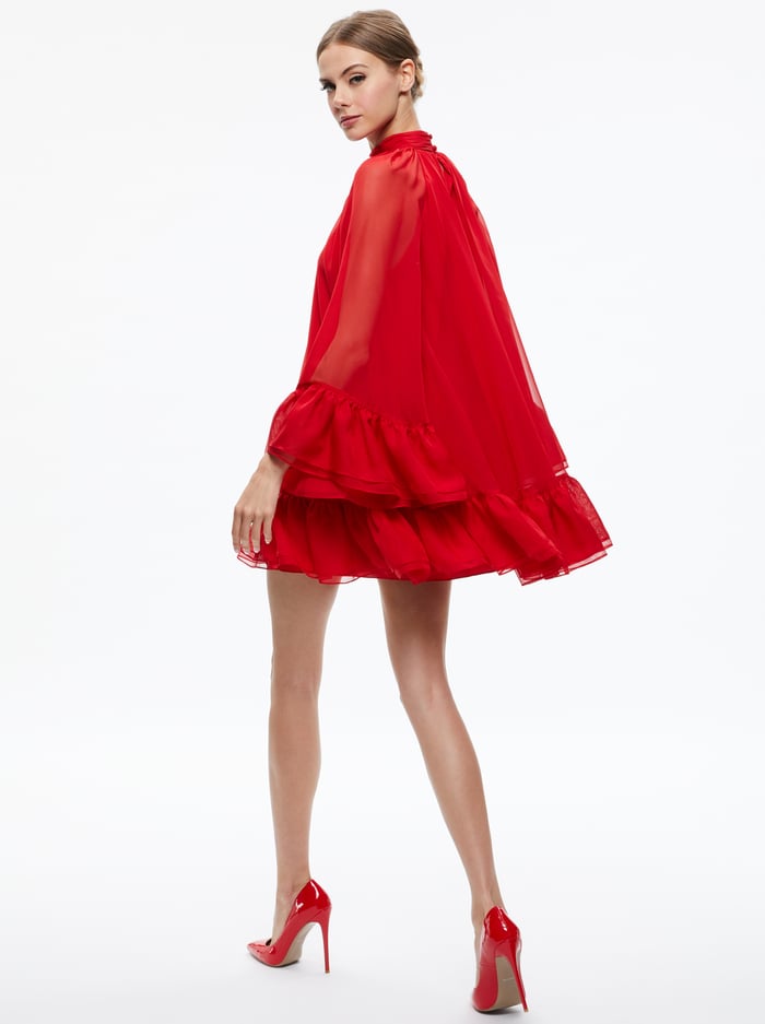ERNA MOCK NECK CAPE SLEEVE MINI DRESS - PERFECT RUBY image 1 - Alice And Olivia