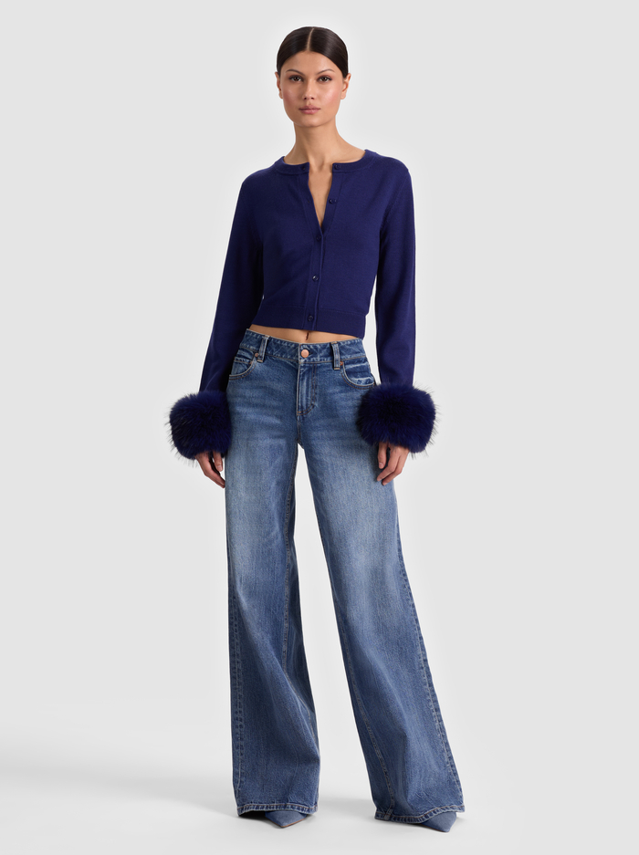 DOLLIE FAUX FUR CUFF CARDIGAN - MIDNIGHT BLUE image 2 - ALICE + OLIVIA