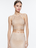 JAYMEE EMBELLISHED TIE NECK CROPPED HALTER TOP - ALMOND/GOLD