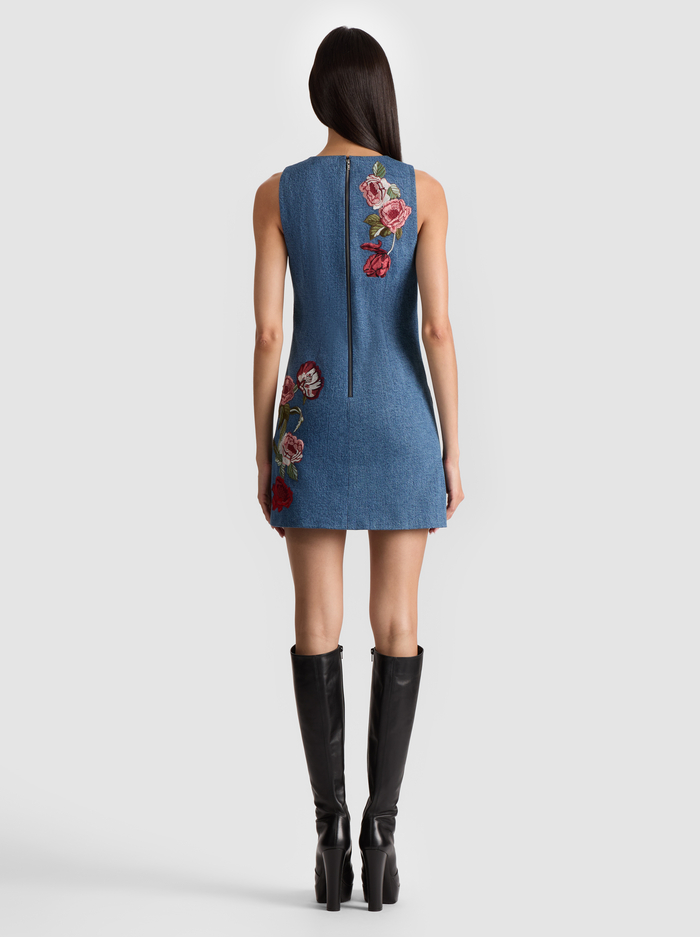 CADE EMBROIDERED DENIM MINI DRESS - BROOKLYN BLUE/MULTI image 3 - Alice And Olivia