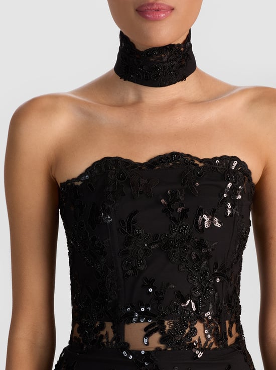BLACK-GEORGIE EMBELLISHED LACE MINI DRESS