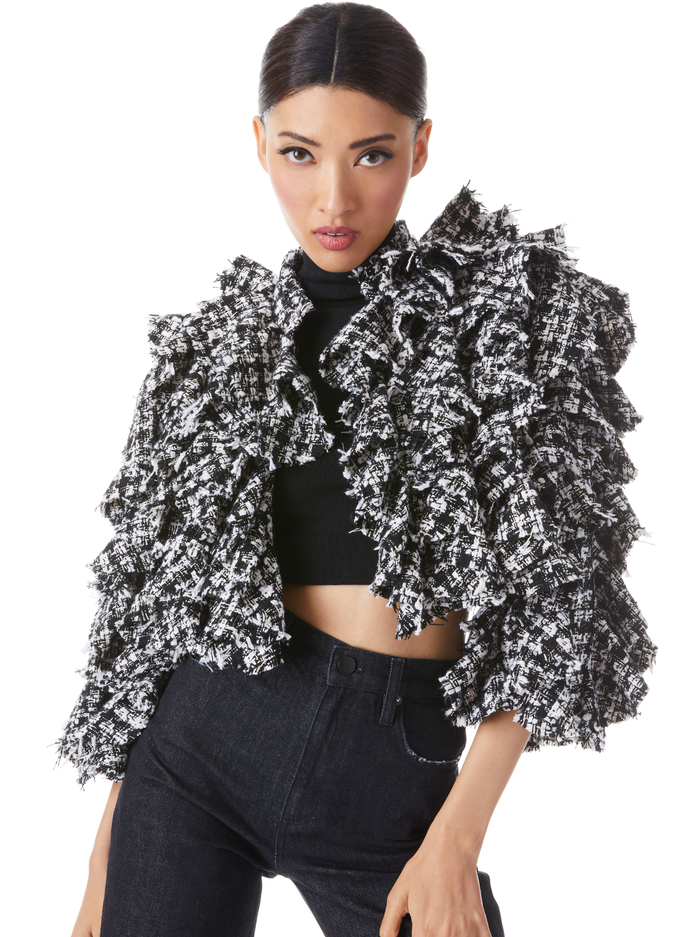 BRITTON RUFFLED CROPPED 3/4 SLEEVE JACKET - BLACK/OFF WHITE - Alice And Olivia