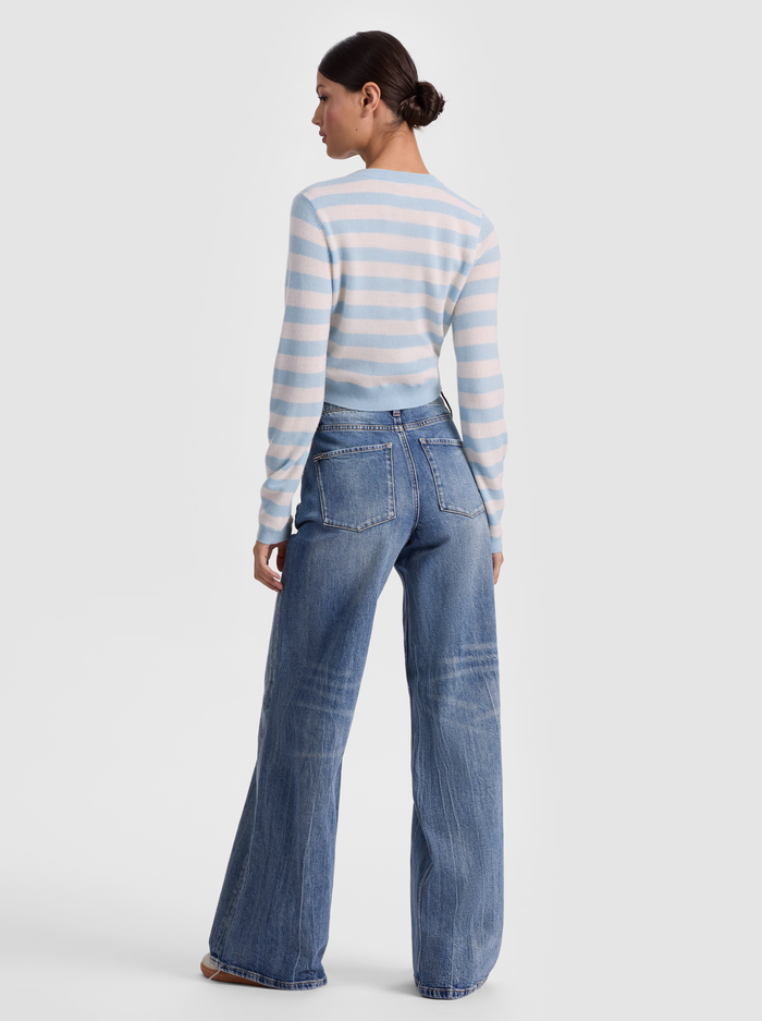 DOLLIE STRIPED CASHMERE CARDIGAN - CAROLINA BLUE/ECRU image 2 - ALICE + OLIVIA