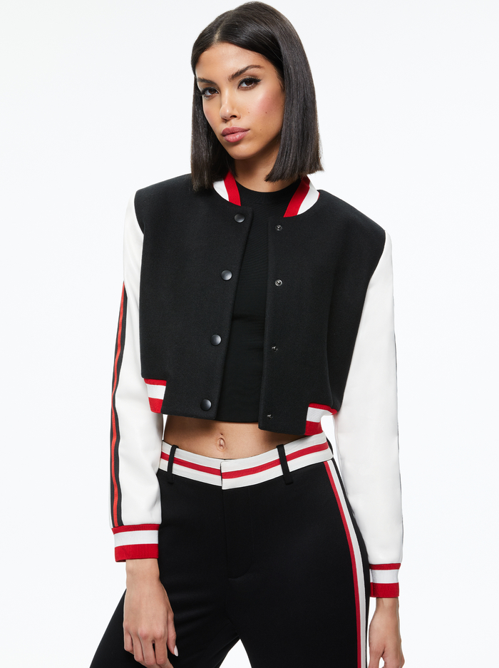 BARTON CROPPED VEGAN LEATHER VARSITY JACKET - BLACK/WHITE - Alice And Olivia