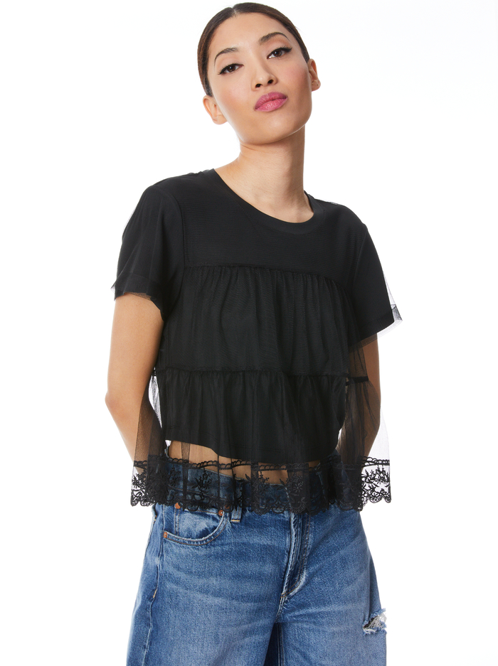 DREEMA SHORT SLEEVE TIERED TEE - BLACK - Alice And Olivia