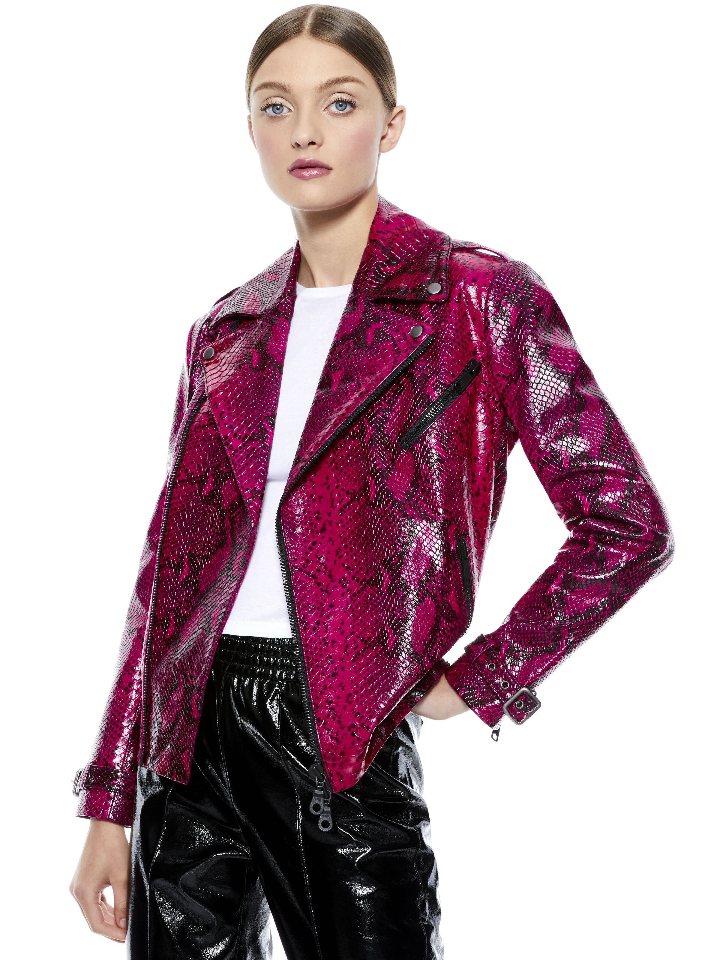 Alice and olivia pink leather jacket clearance