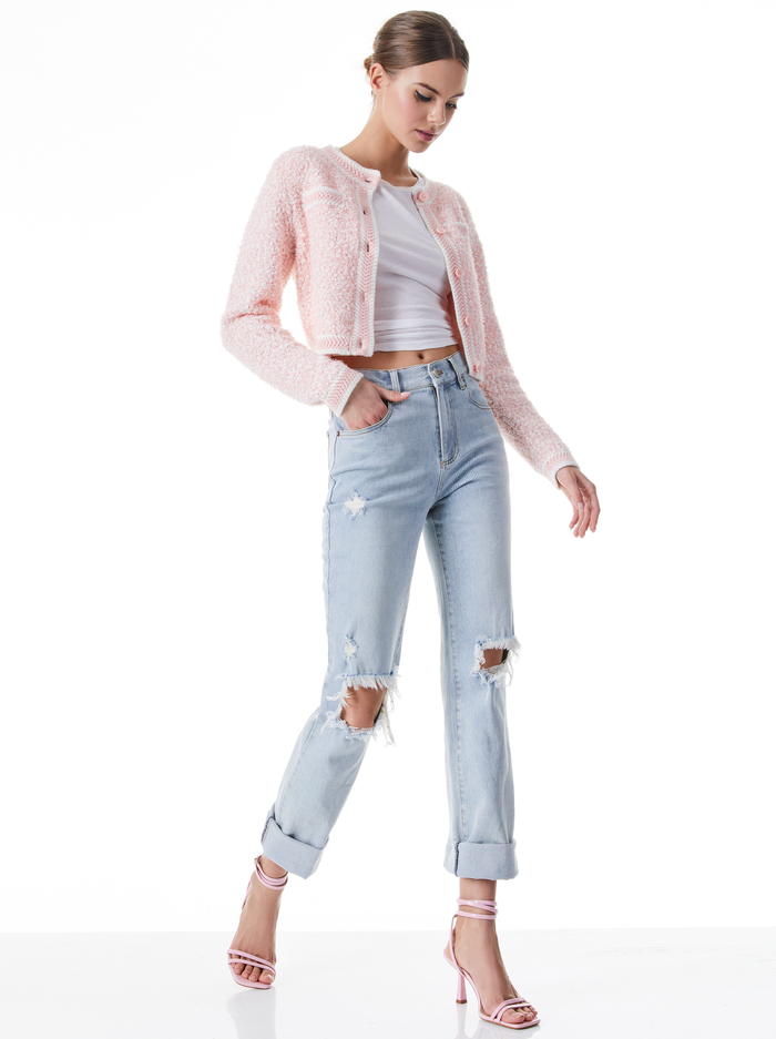 NOELLA CREW NECK CROPPED CARDIGAN - ENGLISH ROSE/SOFT WHITE image 4 - Alice And Olivia