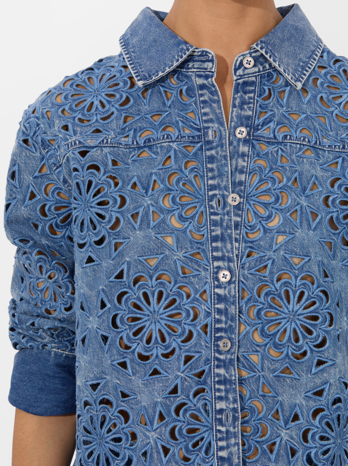 FINELY LASERCUT DENIM SHIRT - AVERY BLUE image 3 - Alice And Olivia