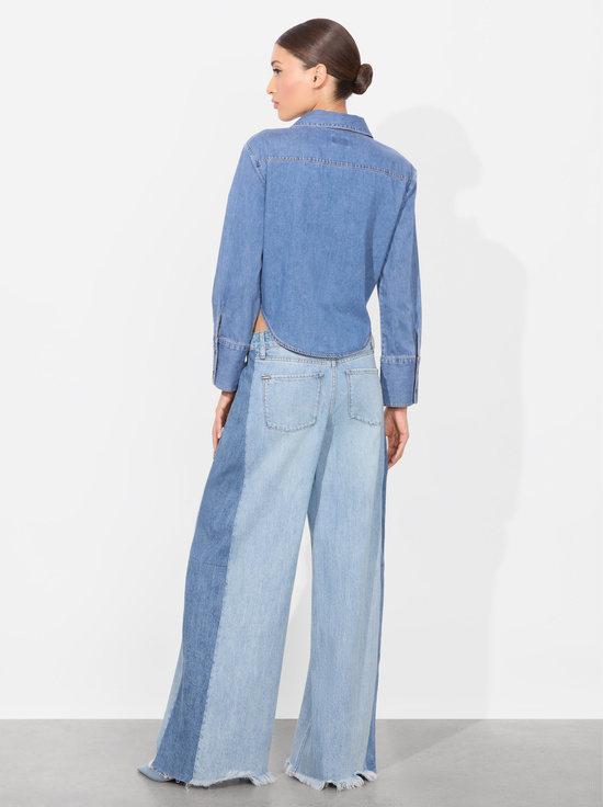 MEDIUM INDIGO CHAMBRAY-HANNON CHAMBRAY TIE FRONT BLOUSE