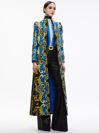 SAPPHIRE/BLACK-THOMAS EMBROIDERED MAXI COAT