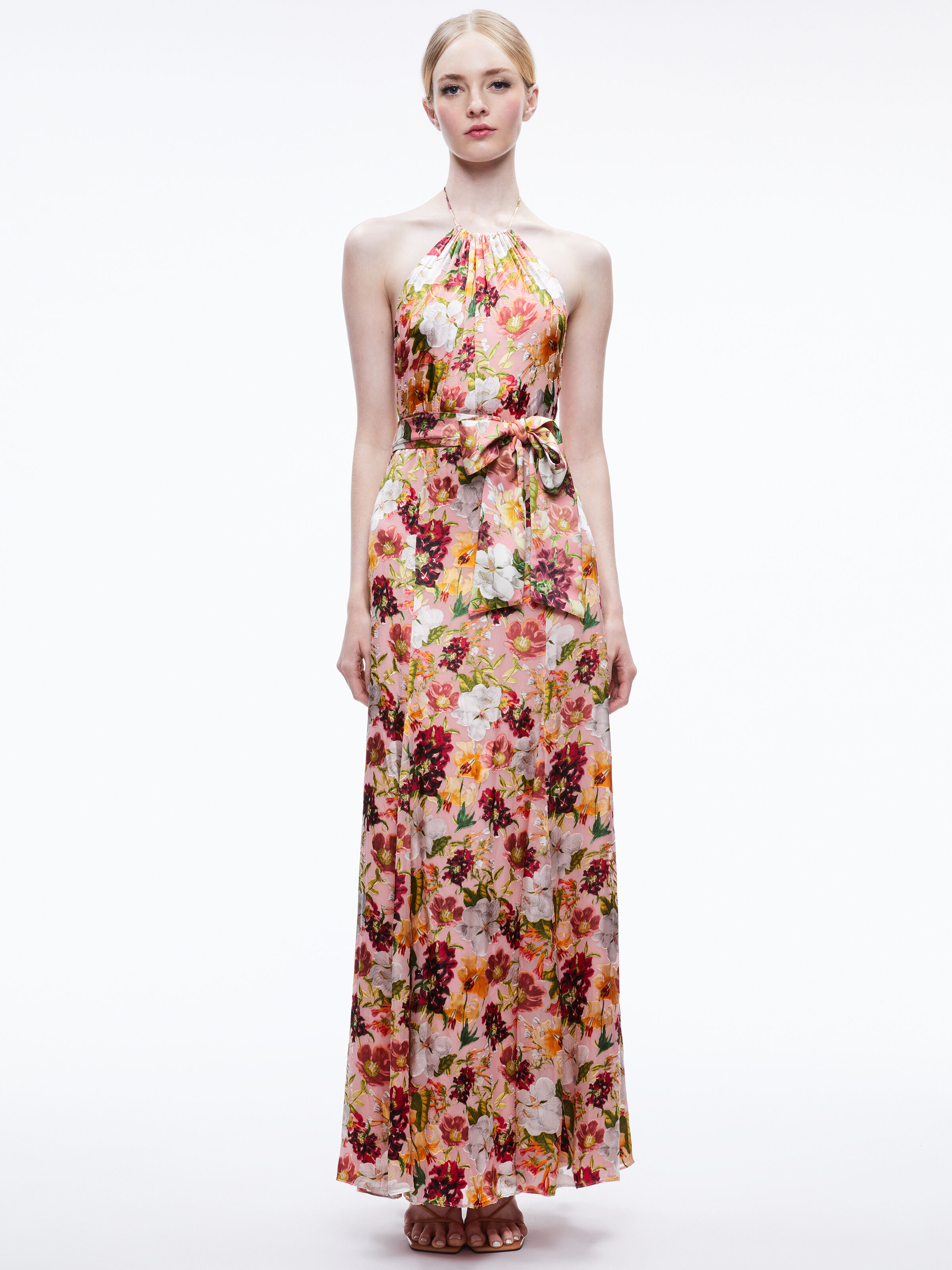 Dita Tie Neck Halter Dress In Juniper Floral Rose Alice Olivia