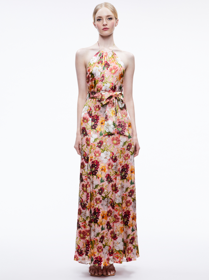 DITA TIE NECK HALTER DRESS - JUNIPER FLORAL ROSE - Alice And Olivia