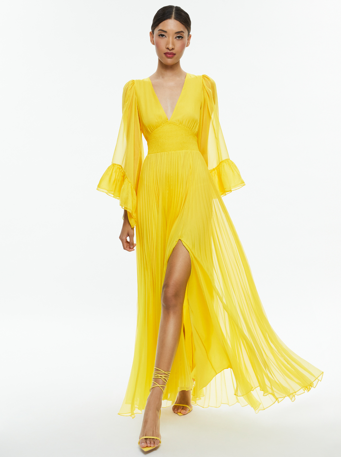 SELENE DEEP V NECK PLEATED MAXI DRESS - HAPPY YELLOW image 4 - Alice And Olivia