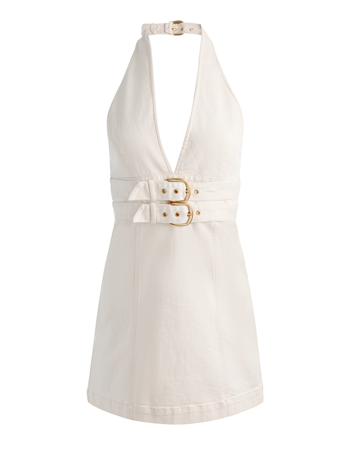 SOLANA BUCKLE DENIM HALTER MINI DRESS - OFF WHITE image 5 - ALICE + OLIVIA
