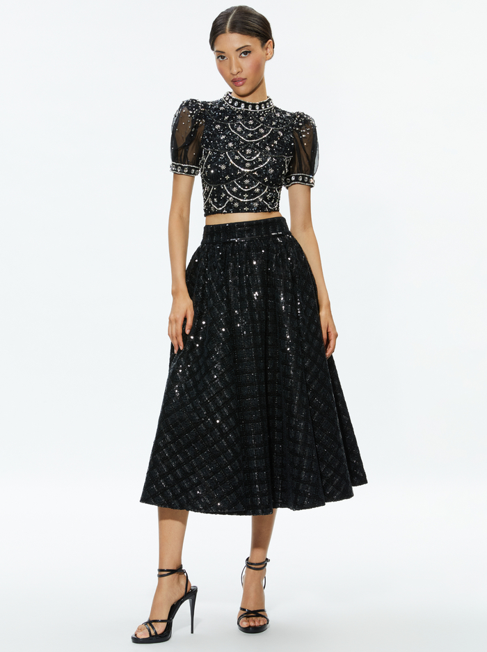 KRISTINA EMBELLISHED PUFF SLEEVE CROP TOP - BLACK/MULTI image 4 - Alice And Olivia
