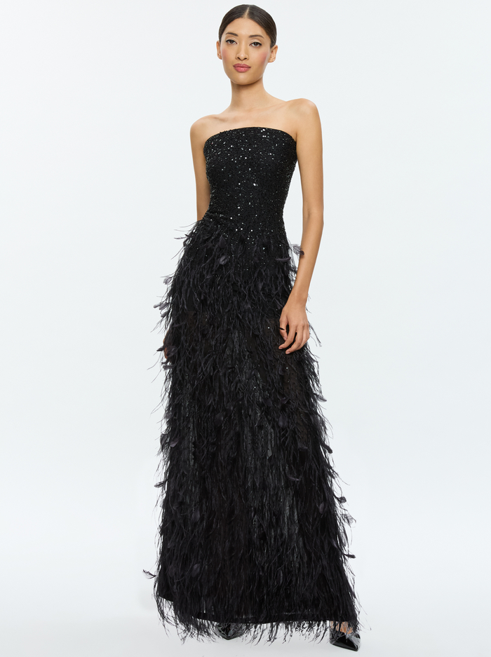 DELORA FEATHERED GOWN - BLACK - Alice And Olivia