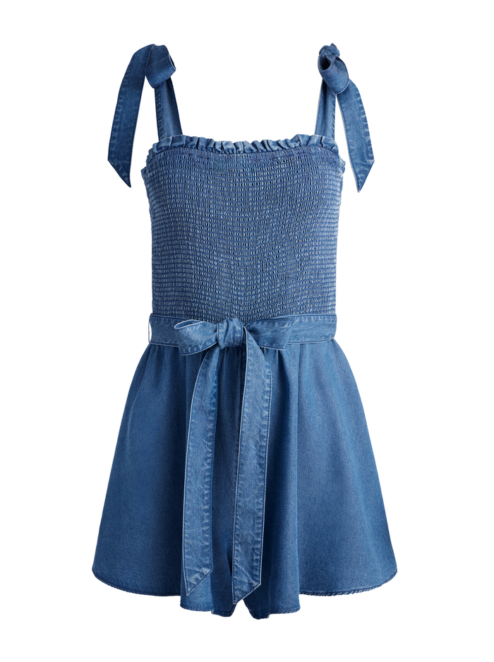 ROZ SMOCKED CHAMBRAY ROMPER - MEDIUM INDIGO CHAMBRAY image 5 - Alice And Olivia