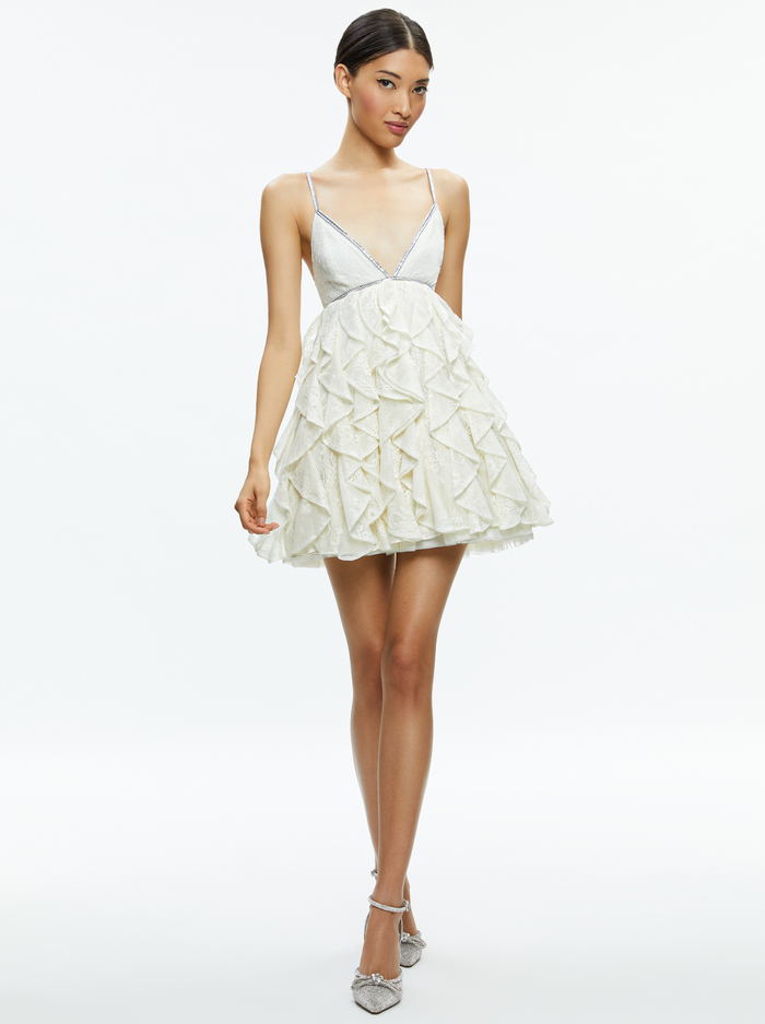 WILMARIE EMBELLISHED LACE RUFFLE MINI GOWN - OFF WHITE image 4 - Alice And Olivia