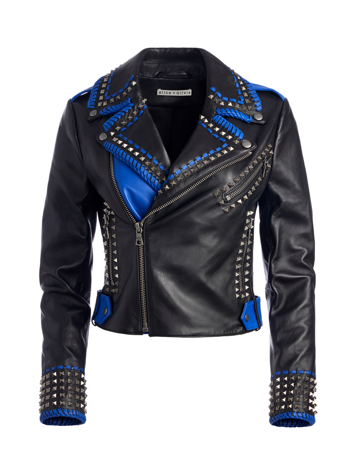 A+O X DEBORAH KASS CODY MOTO LEATHER JACKET - BLACK/BLUE image 5 - Alice And Olivia