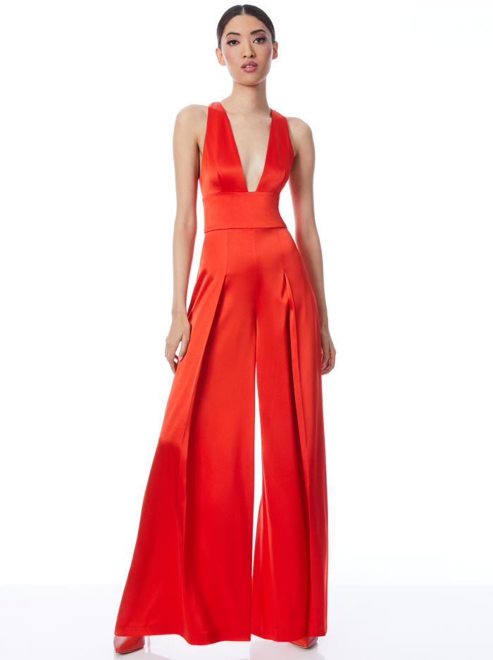MYRTLE DEEP V-NECK WIDE LEG JUMPSUIT - CHILI PEPPER - Alice And Olivia
