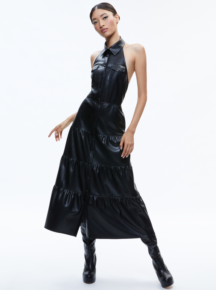 MIRANDA VEGAN HALTER NECK TIERED MIDI DRESS - BLACK image 4 - Alice And Olivia