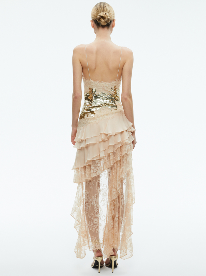 NELIA SEQUINED HIGH LOW RUFFLED MAXI DRESS - PALE GOLD image 2 - Alice And Olivia