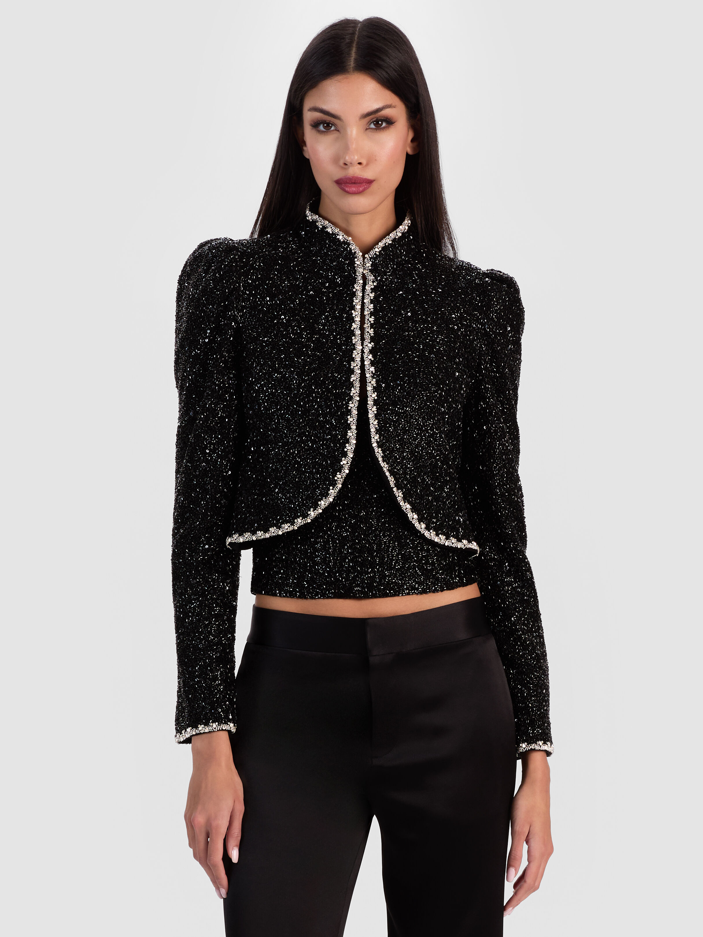 alice+olivia ボウリボンハイネック ドレスジャケット　ブラック ILARIA EMBELLISHED JACKET in BLACK/CLEAR | ALICE + OLIVIA