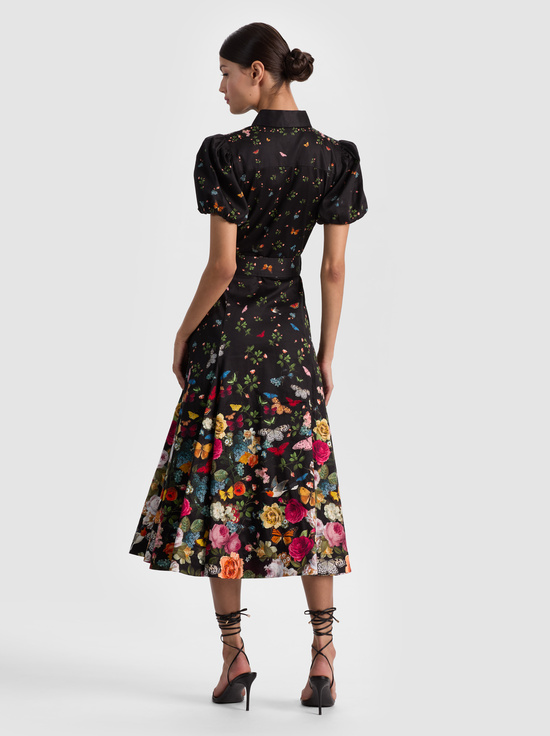 SOLAR STRENGTH BLACK-HENRIETTA BELTED MIDI DRESS