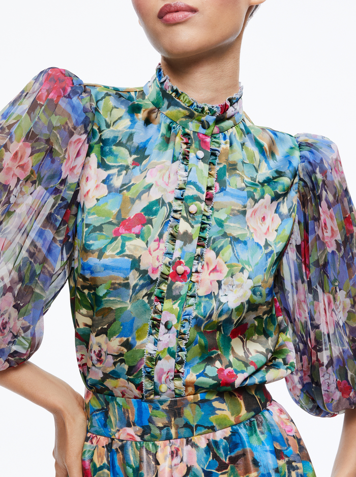 ILAN SMOCKED SLEEVE BUTTON FRONT BLOUSE - BREEZE FLORAL SM image 3 - Alice And Olivia