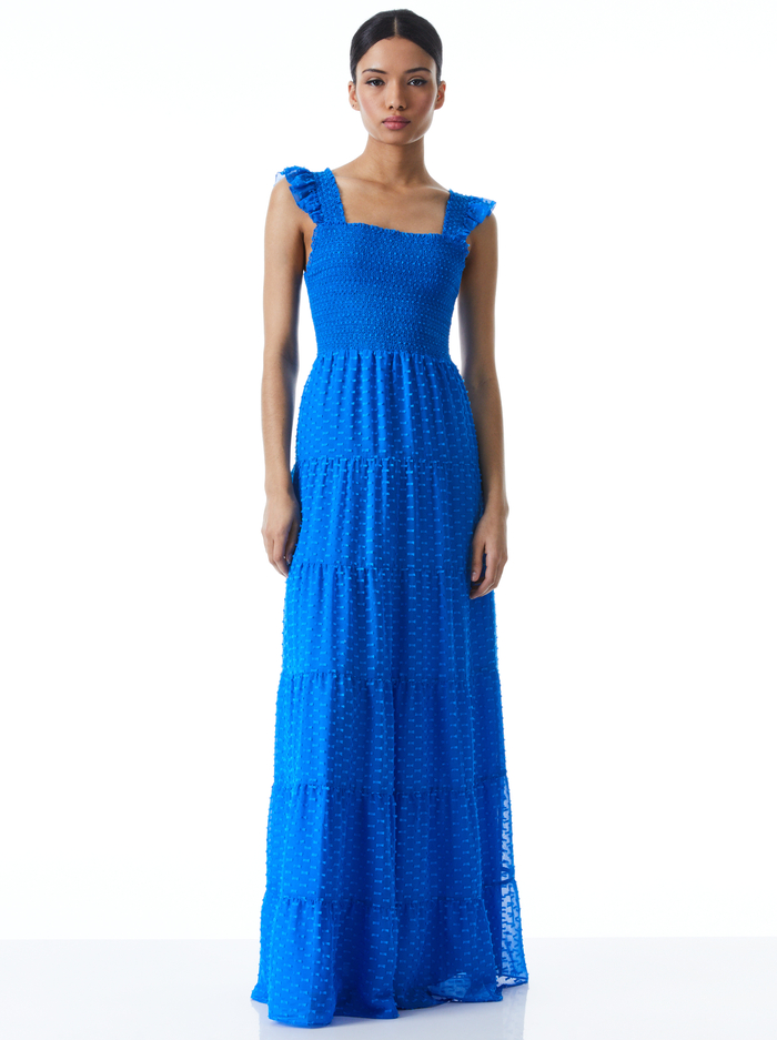 KIZZIE SMOCKED FLUTTER SLEEVE MAXI DRESS - PALACE BLUE - Alice And Olivia