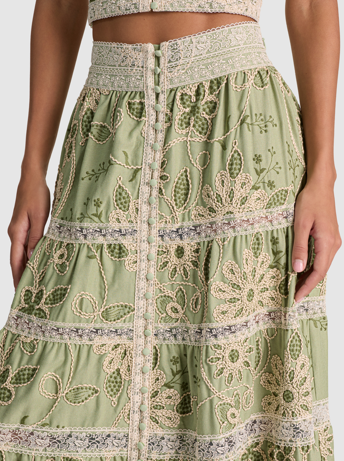 ADIRA EMBROIDERED MAXI SKIRT - GREEN LILY/OATMEAL image 3 - ALICE + OLIVIA