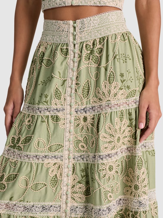 GREEN LILY/OATMEAL-ADIRA EMBROIDERED MAXI SKIRT