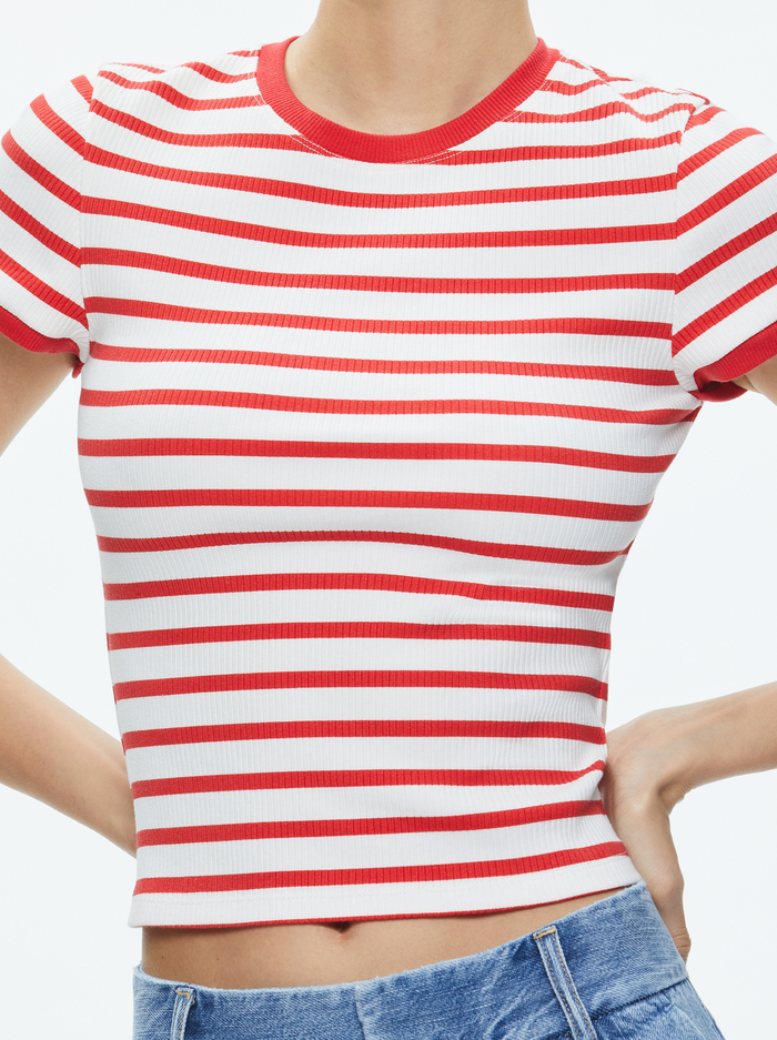 TESS BABY TEE - OFF WHITE/BRIGHT RUBY STRIPE image 3 - Alice And Olivia