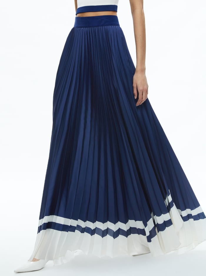 KATZ MAXI PLEATED SKIRT - INDIGO/OFF WHITE - Alice And Olivia