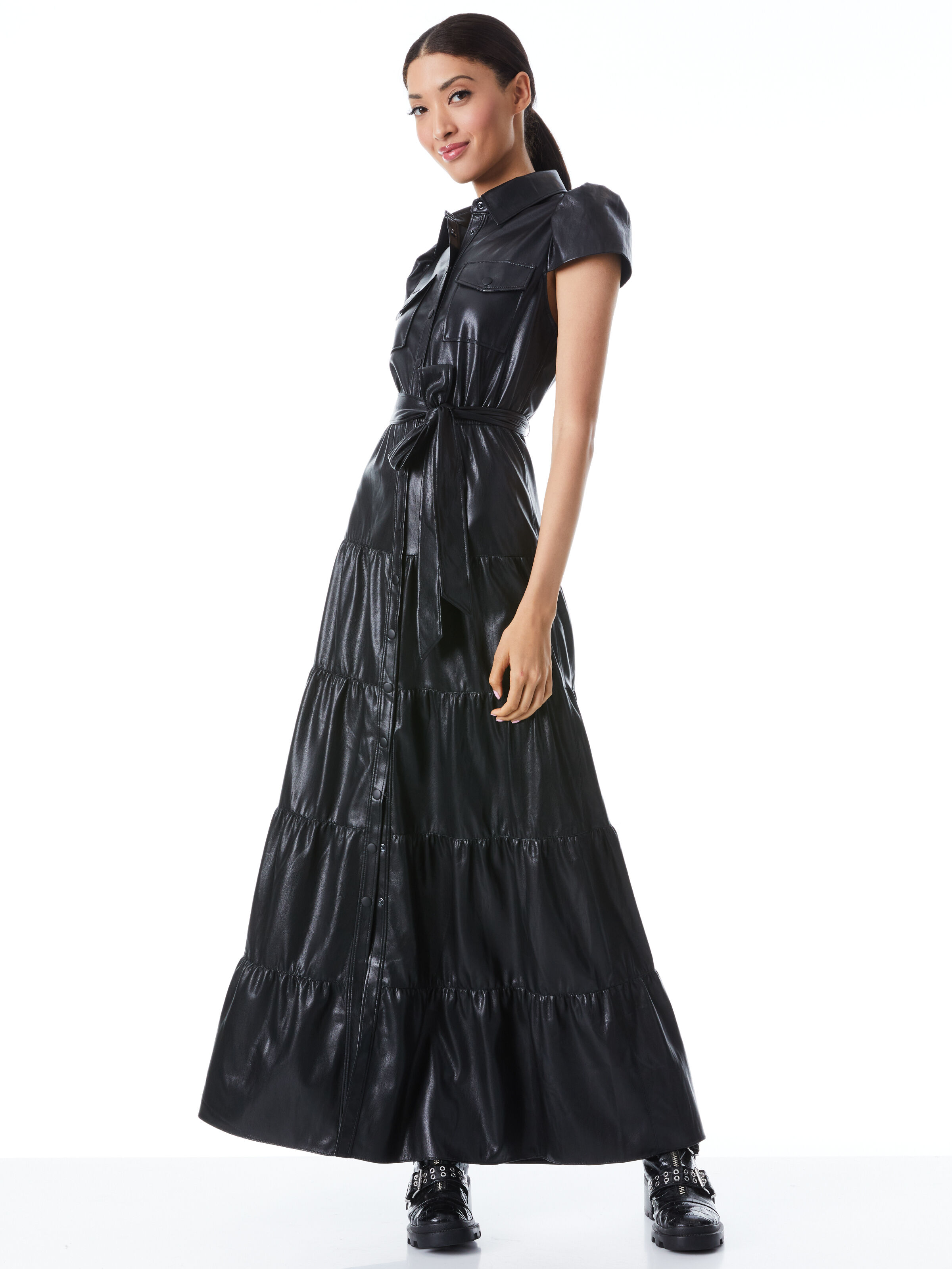 Miranda Vegan Leather Tiered Maxi Dress In Black Alice Olivia
