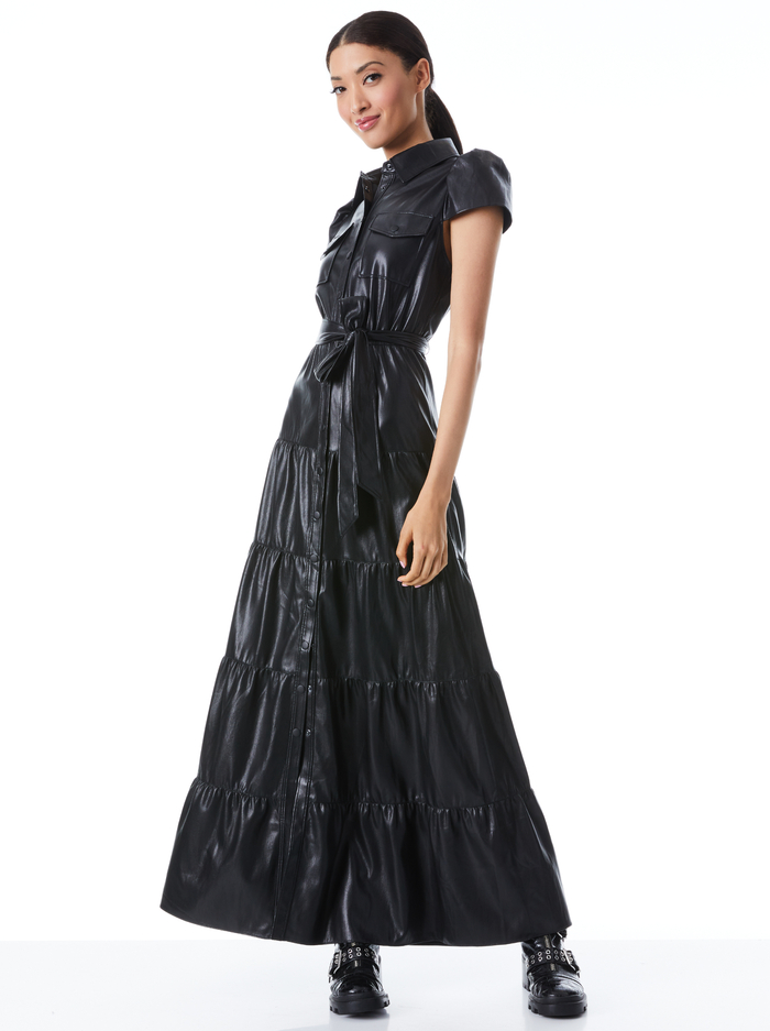 MIRANDA VEGAN LEATHER TIERED MAXI DRESS - BLACK - Alice And Olivia