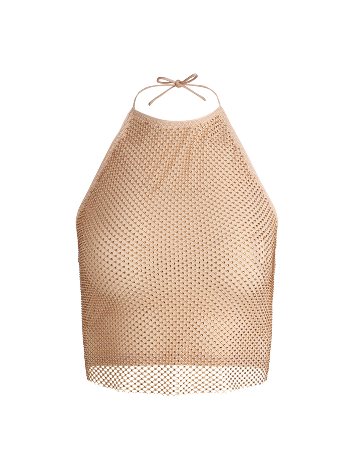 JAYMEE EMBELLISHED TIE NECK CROPPED HALTER TOP - ALMOND/GOLD image 5 - Alice And Olivia
