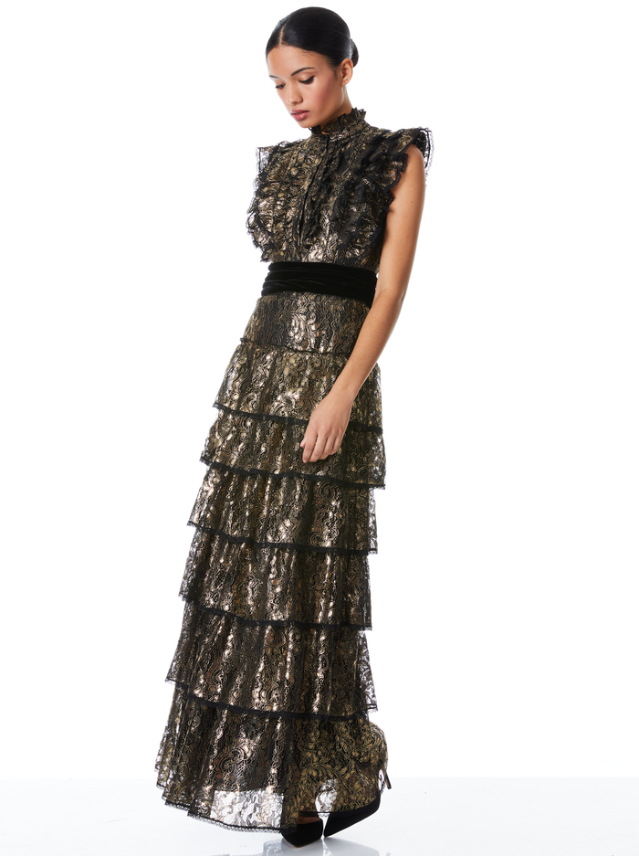 TAHARA RUFFLE SLEEVE TIERED MAXI DRESS - BLACK/GOLD image 2 - Alice And Olivia