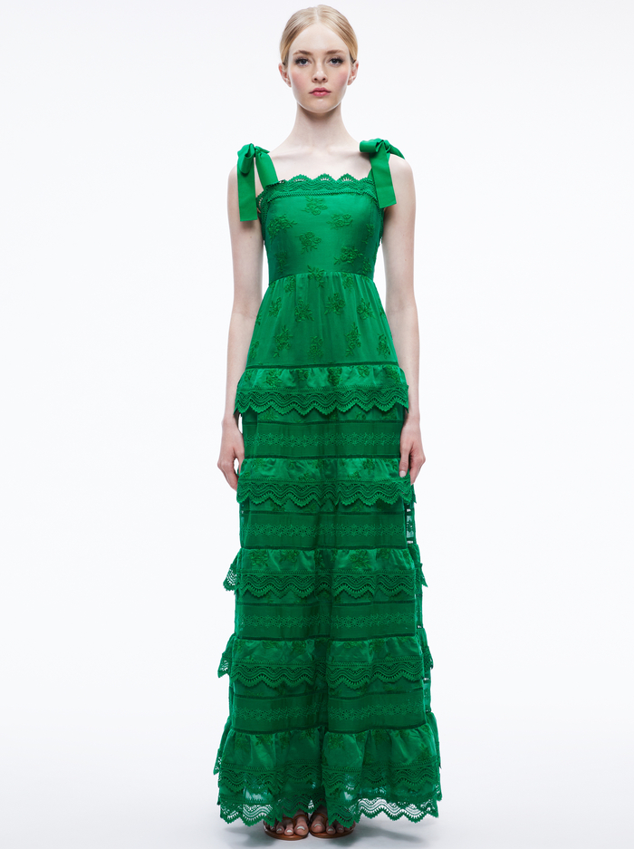 VEGA EYELET TIERED MAXI DRESS - EMERALD - Alice And Olivia