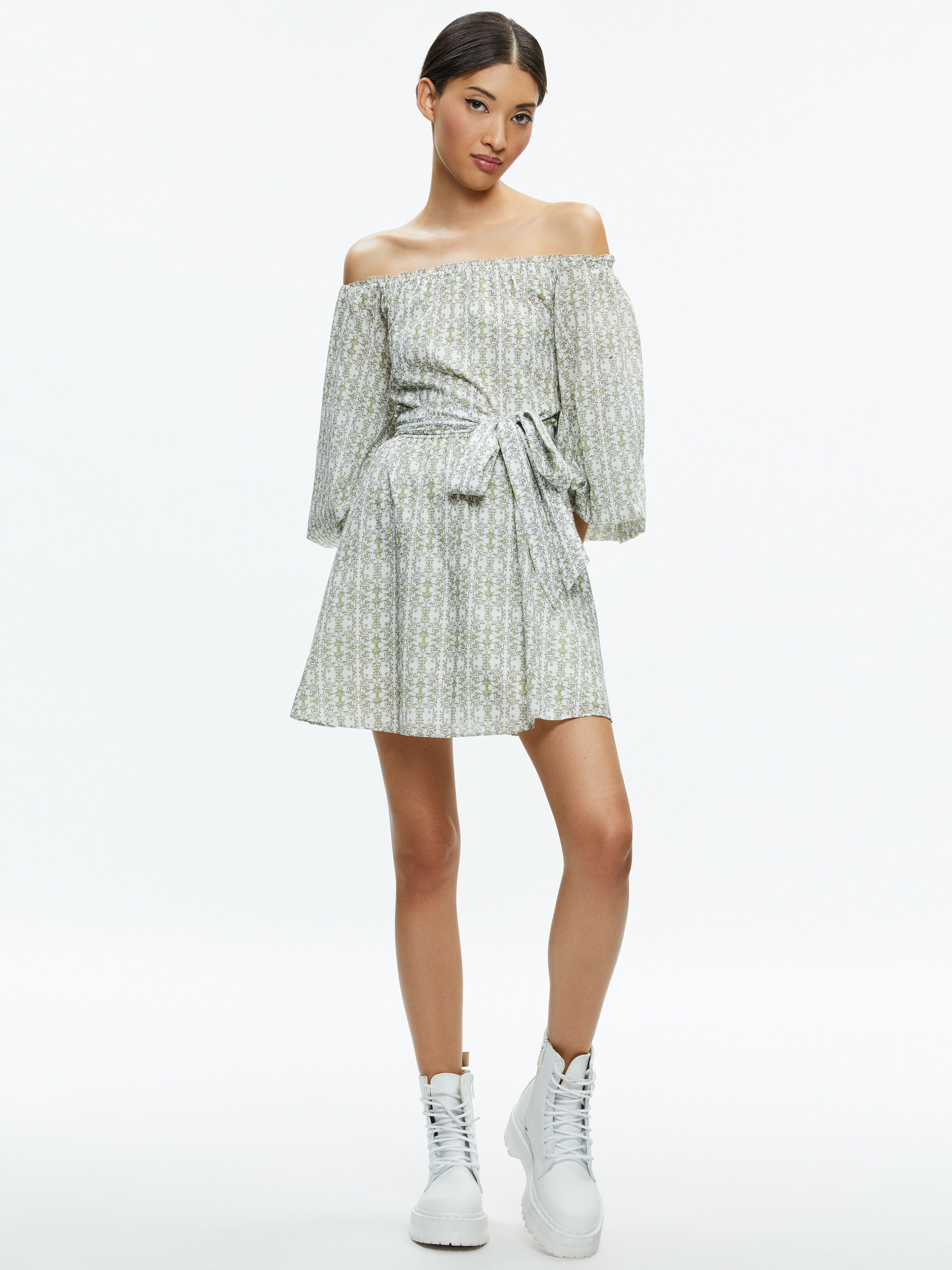 Mary Off Shoulder Mini Dress In Republic Geo | Alice + Olivia