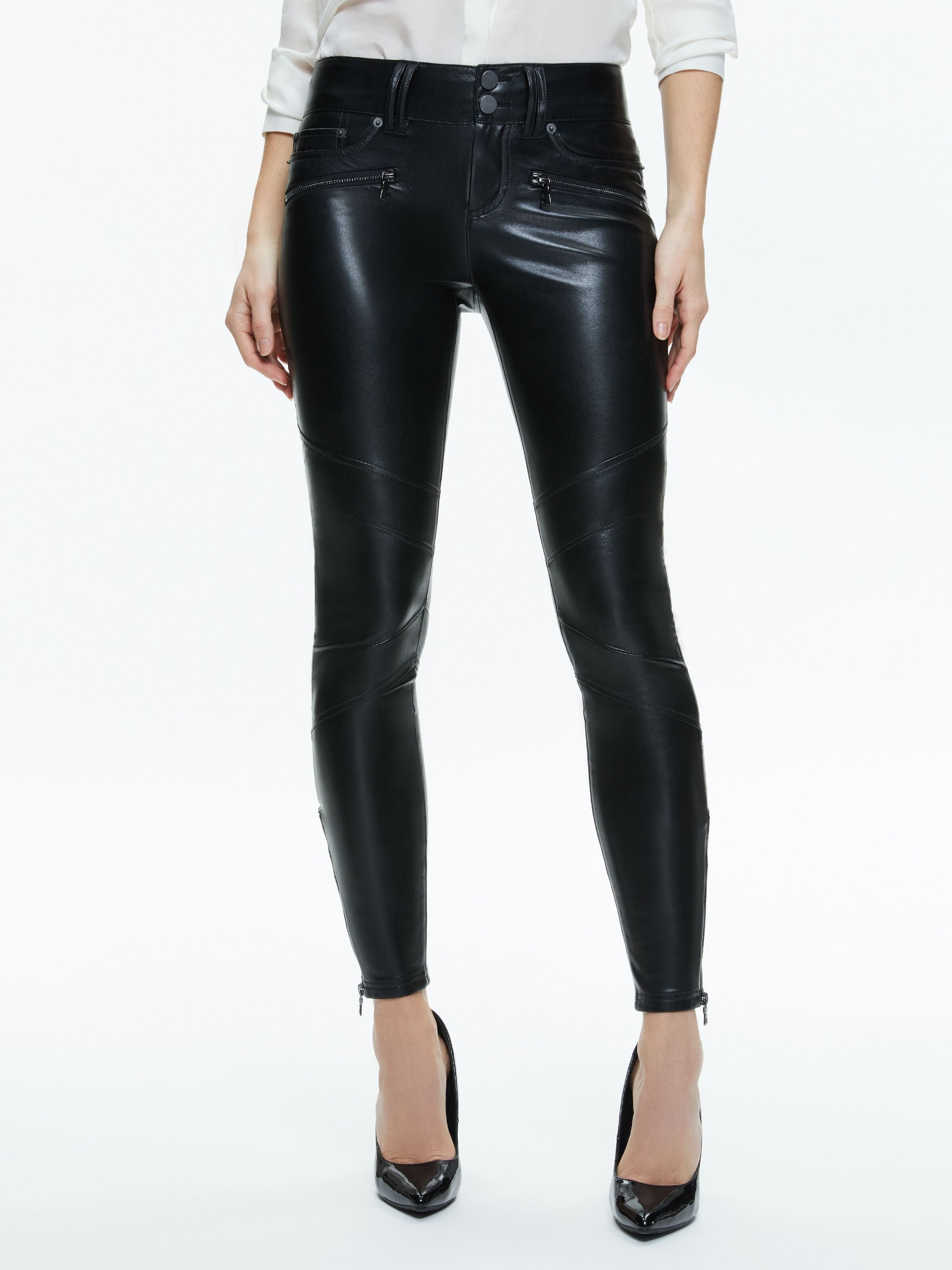 Alice And Olivia Front Zip Leather Leggings In Charc | ModeSens