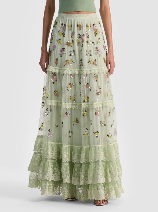 LIGHT SAGE MULTI-ALLEGRA EMBELLISHED MAXI SKIRT