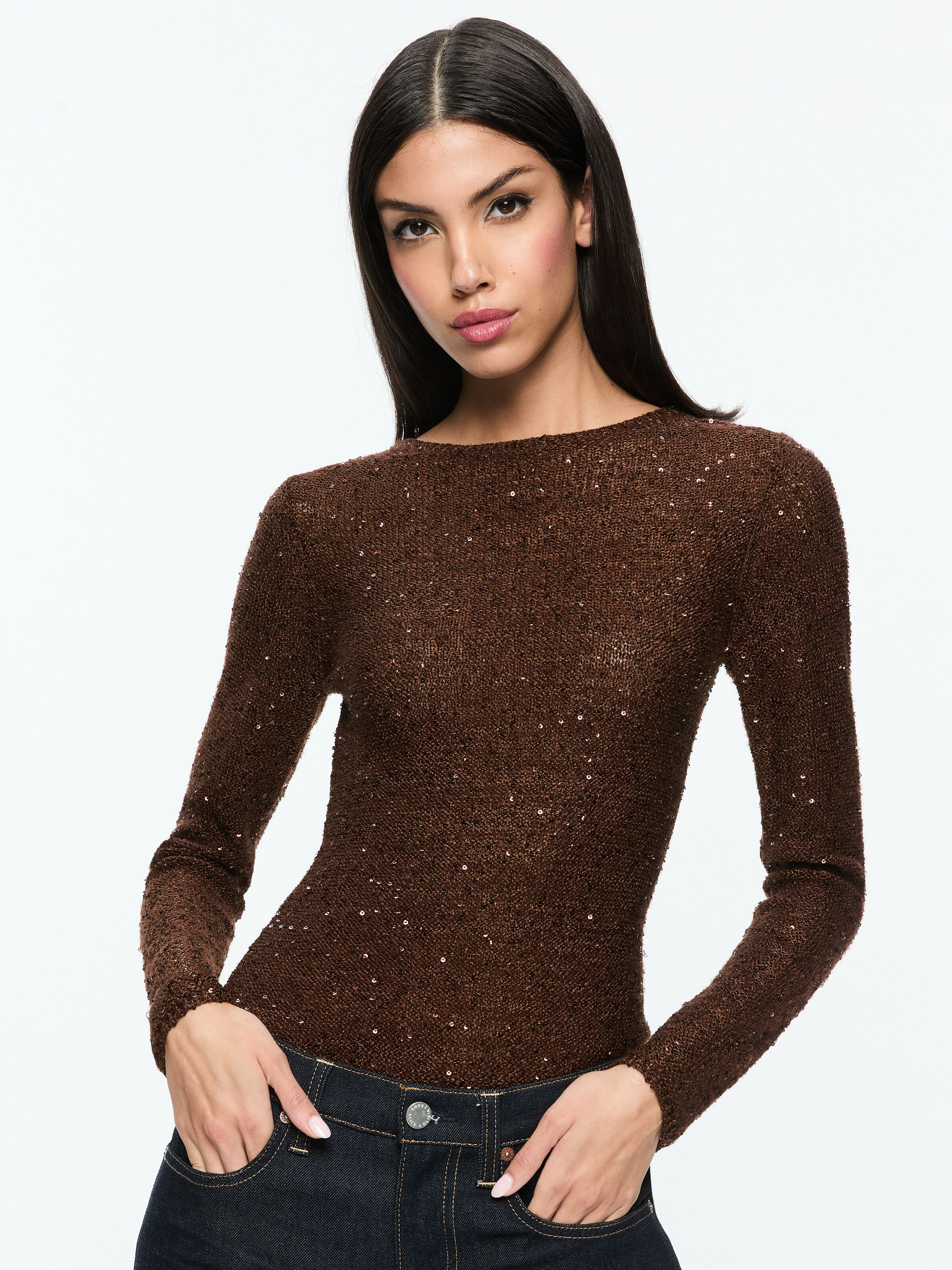 Eneida Sequin Pullover In Espresso Alice Olivia
