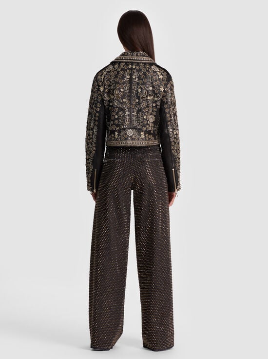 BLACK/MULTI-CODY EMBELLISHED LEATHER JACKET