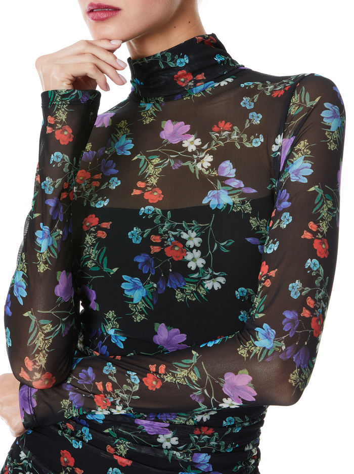 DELORA TURTLENECK LONG SLEEVE MIDI DRESS - BEAUTIFUL BLOOMS SM BLACK image 3 - Alice And Olivia