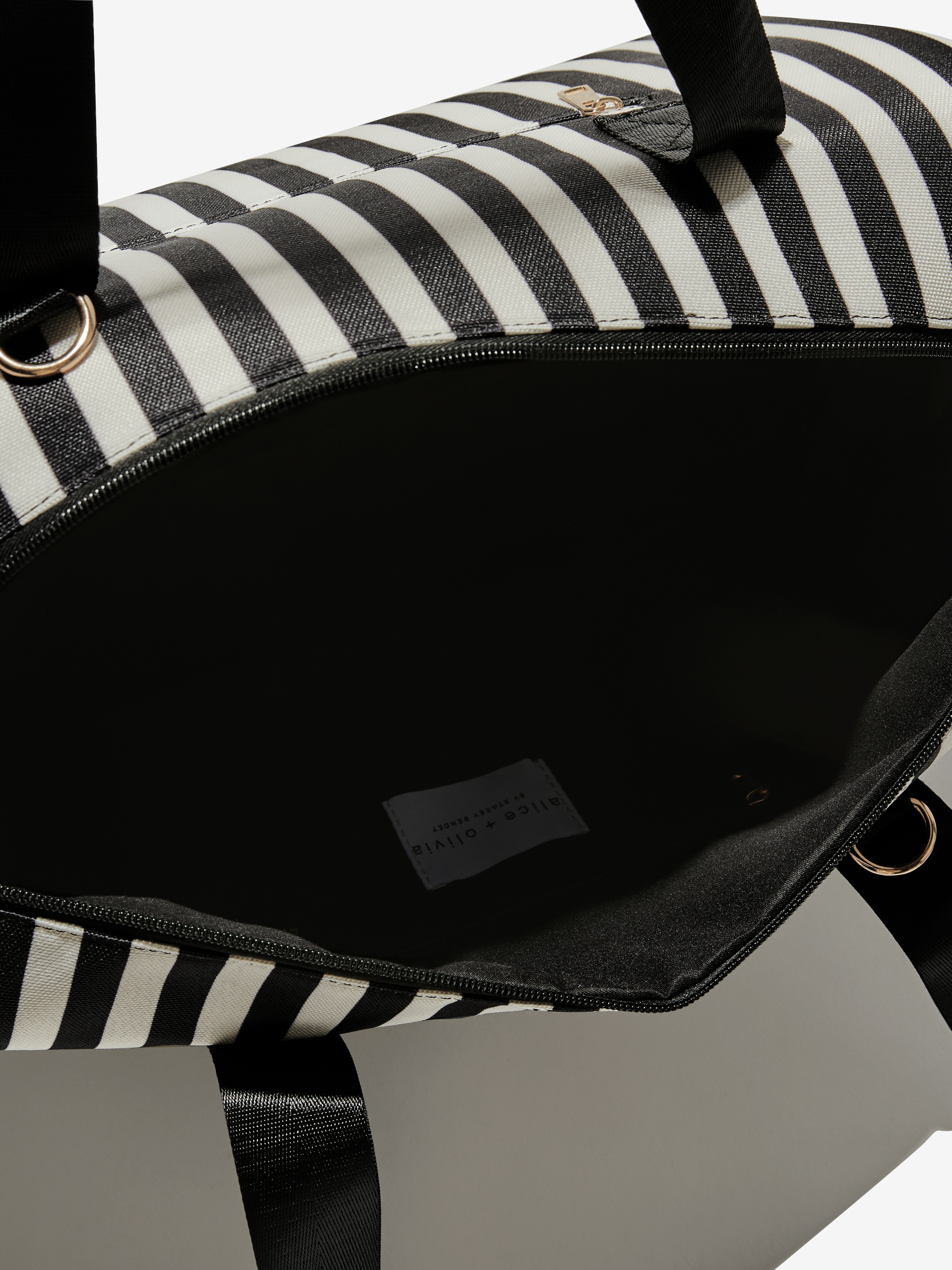A+o X Fabfitfun Duffle Bag In Positano Stripe Sm Black Alice + Olivia