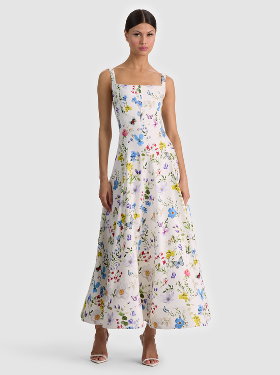TWISTING VINES OFF WHITE-POLLY FLARED MIDI DRESS