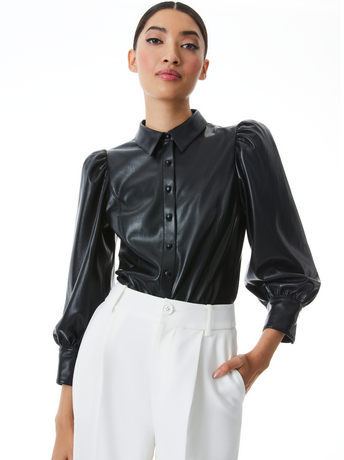 BLACK-NADINE VEGAN LEATHER BUTTON DOWN
