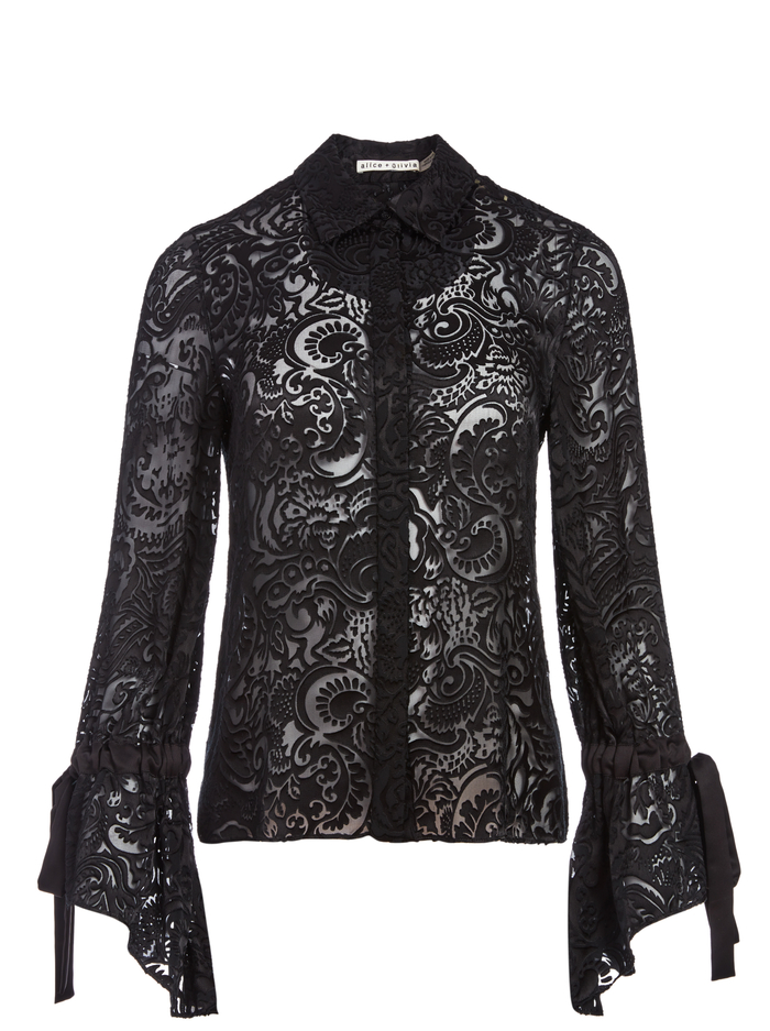 WILLA RUFFLE CUFF BLOUSE - FEMININE ESCAPE SM BLACK image 5 - Alice And Olivia