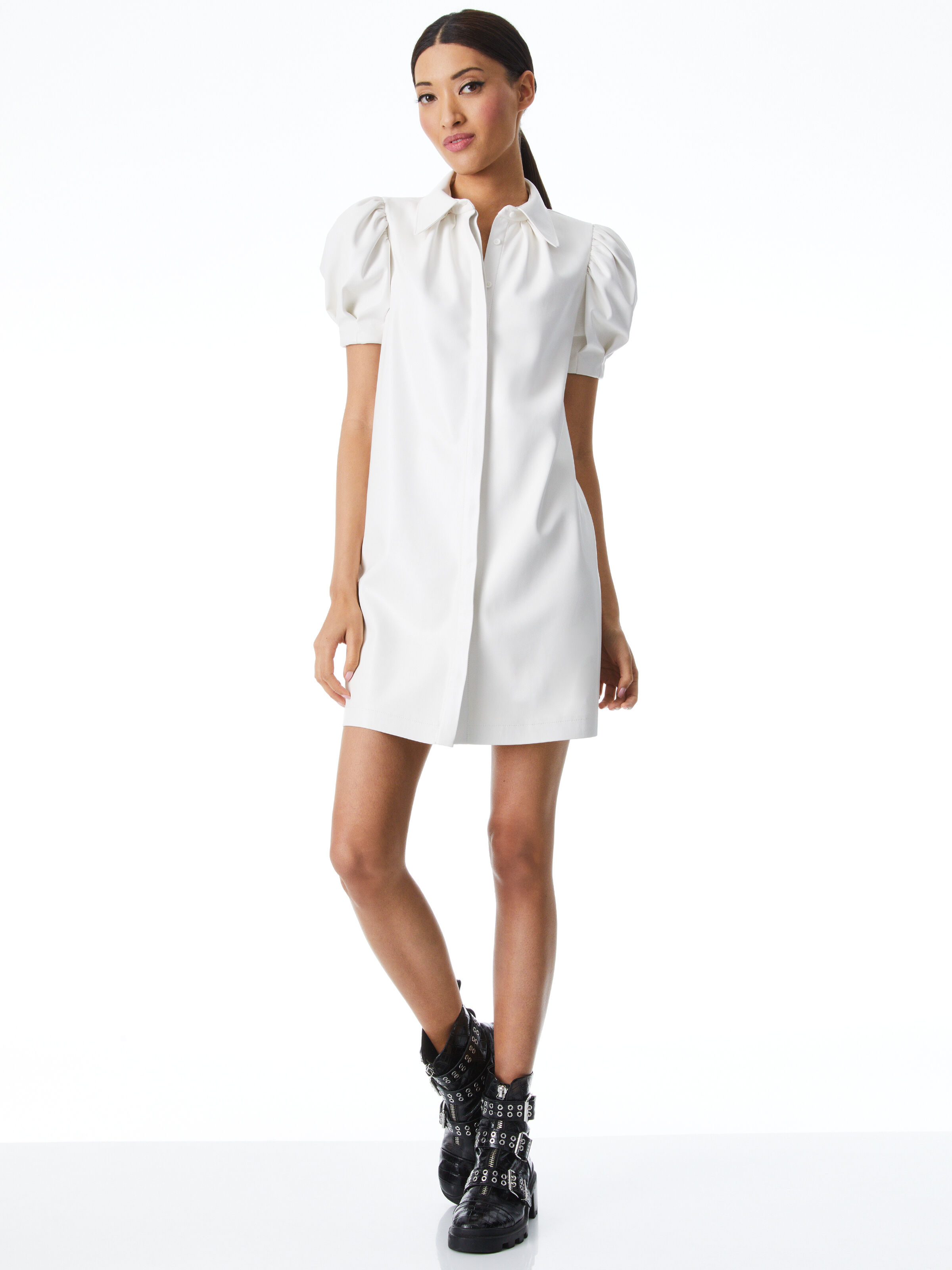 Jem Vegan Leather Puff Sleeve Dress In Off White Alice Olivia